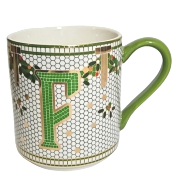 Anthropologie Limited Edition Festive bistro tile monogram mug initial F - Picture 1 of 8